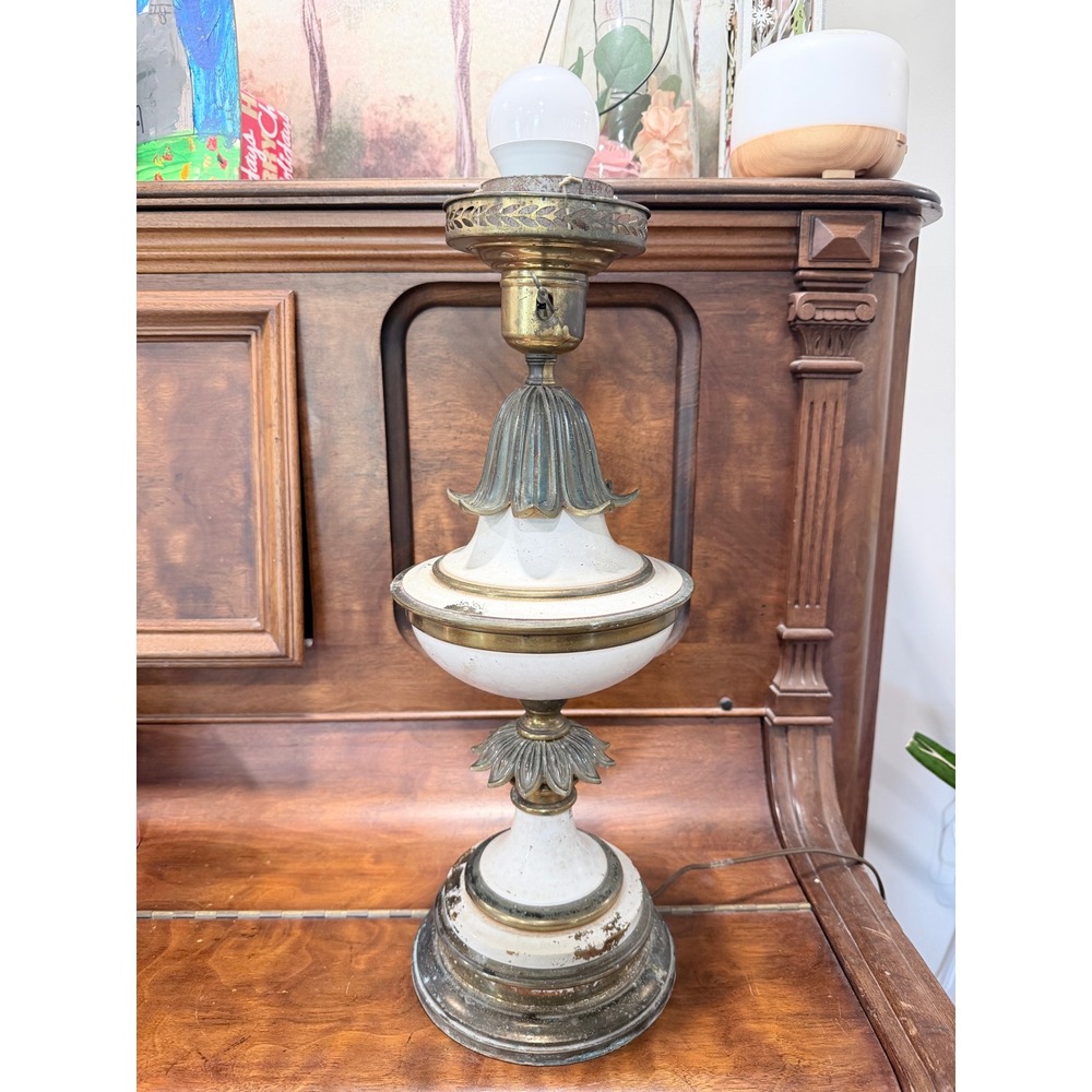 Vintage Hollywood Regency Brass and White Table Lamp Mid Century Modern Works